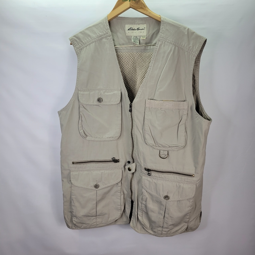Eddie Bauer Fishing Vest Beige Vented Zip & Button Pockets Size Medium